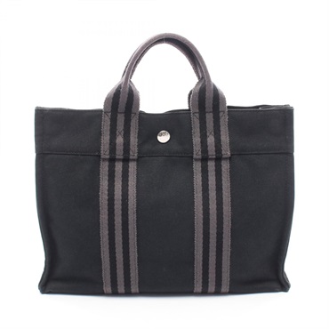 HERMES Fourre-tout PM Tote hand Bag canvas Black Gray Used SHW