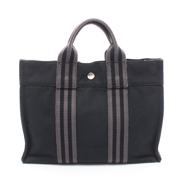 HERMES Fourre-tout PM Tote hand Bag canvas Black Gray Used SHW