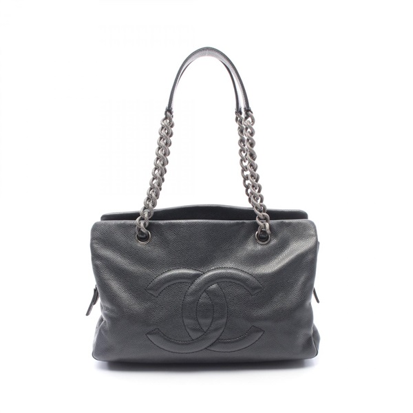 CHANEL COCO Mark Chain Tote Shoulder Bag Grained Calfskin leather Black SHW Used