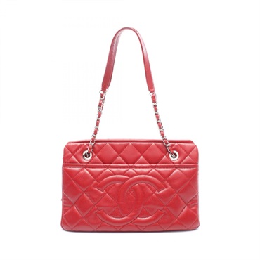 CHANEL Matelasse COCO Mark Tote Shoulder Bag Grained Calf leather Red SHW Used