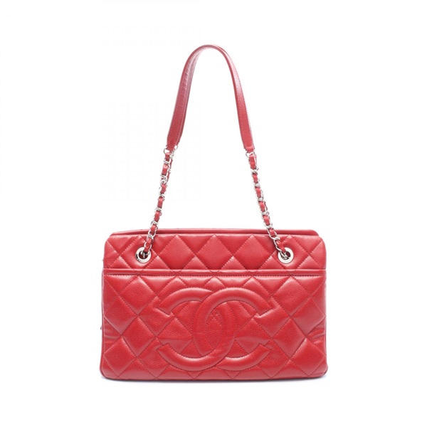 CHANEL Matelasse COCO Mark Tote Shoulder Bag Grained Calf leather Red SHW Used