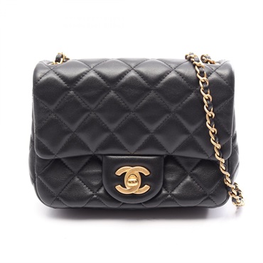 CHANEL Mini Matelasse Chain Shoulder Bag Lamb sheep leather Black Used Women GHW