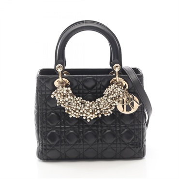 Christian Dior LADY DIOR Medium Cannage Artificial Pearl 2WAY Handbag leather