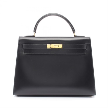 HERMES Kelly 32 Shoulder Handbag Box calf leather Black Used Women A GHW