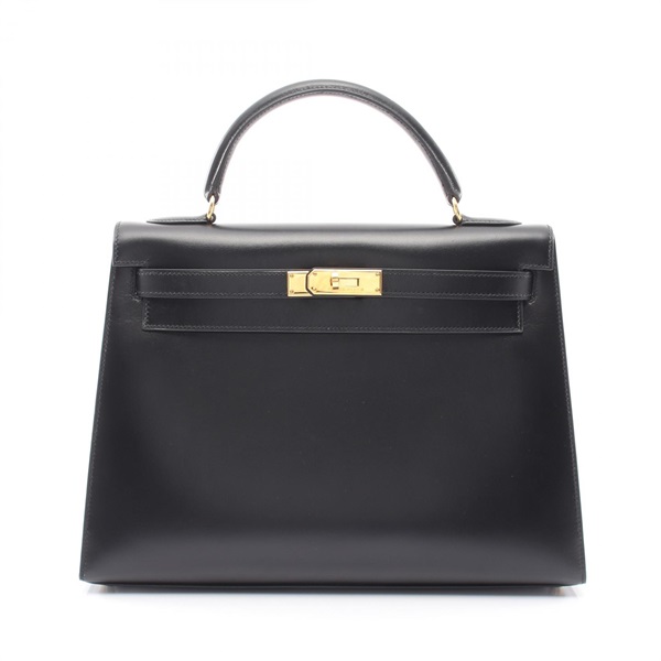 HERMES Kelly 32 Shoulder Handbag Box calf leather Black Used Women A GHW
