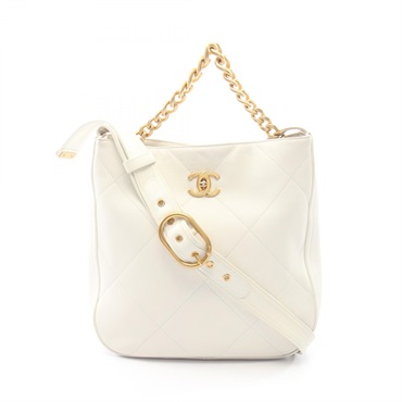 CHANEL Matelasse Chain Shoulder Tote Bag Lamb sheep leather White Used Women GHW