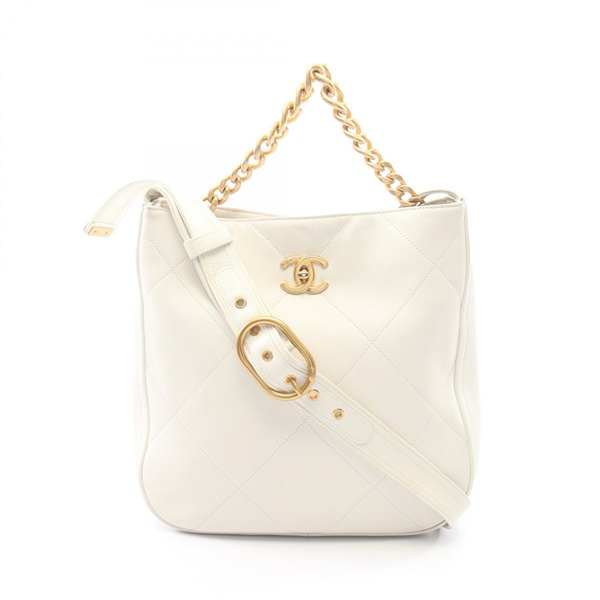 CHANEL Matelasse Chain Shoulder Tote Bag Lamb sheep leather White Used Women GHW