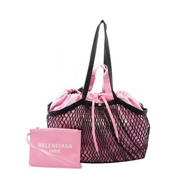 BALENCIAGA 24/7 MEDIUM Mesh Shoulder Tote Bag 791809 canvas Pink Black Used