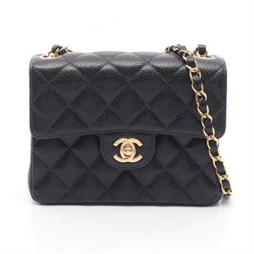 CHANEL Mini Matelasse Chain Shoulder Bag Grained Calfskin leather Black Used GHW