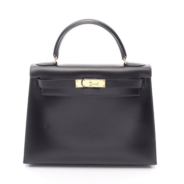 HERMES Kelly 28 Sellier 2WAY Shoulder Handbag Box calf leather Black GHW Used A