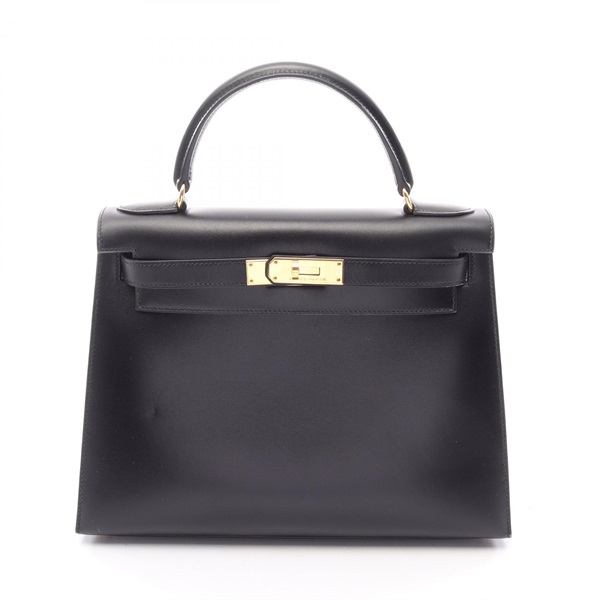HERMES Kelly 28 Sellier 2WAY Shoulder Handbag Box calf leather Black GHW Used A
