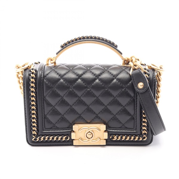 CHANEL Boy Chanel Top Handle Flap 2-Way Shoulder Bag leather Black GHW Used CC