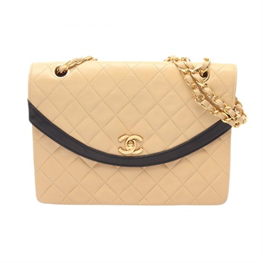 CHANEL Matelasse single Chain Shoulder Bag Lamb leather Beige Black Used GHW CC