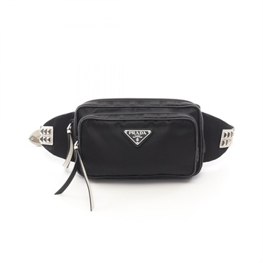 PRADA Triangle logo Studs Waist Belt Bum Bag Nylon leather Black White Used