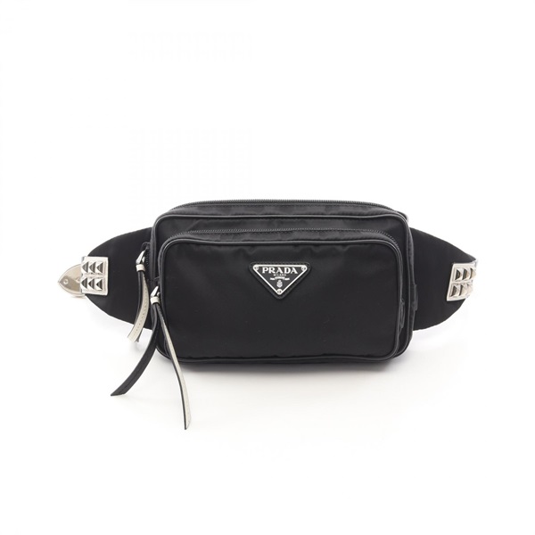 PRADA Triangle logo Studs Waist Belt Bum Bag Nylon leather Black White Used