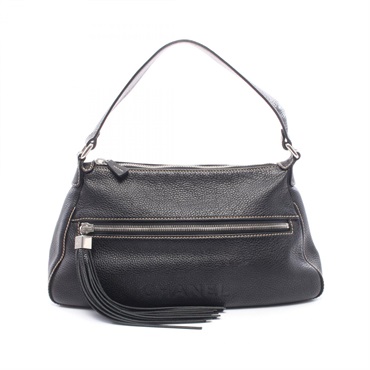 CHANEL Logo fringe Shoulder Handbag leather Black SHW Used Women Coco CC