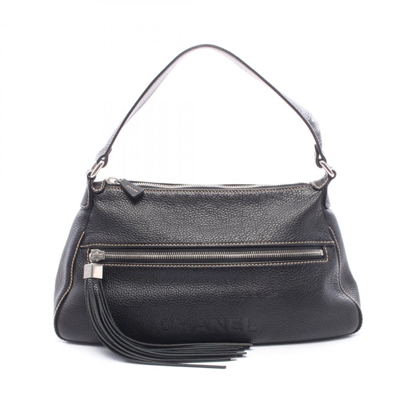 CHANEL Logo fringe Shoulder Handbag leather Black SHW Used Women Coco CC