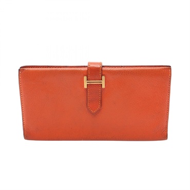 HERMES Bearn Soufflet Bifold Purse Wallet Chevre myzore goatskin Orange GHW Used