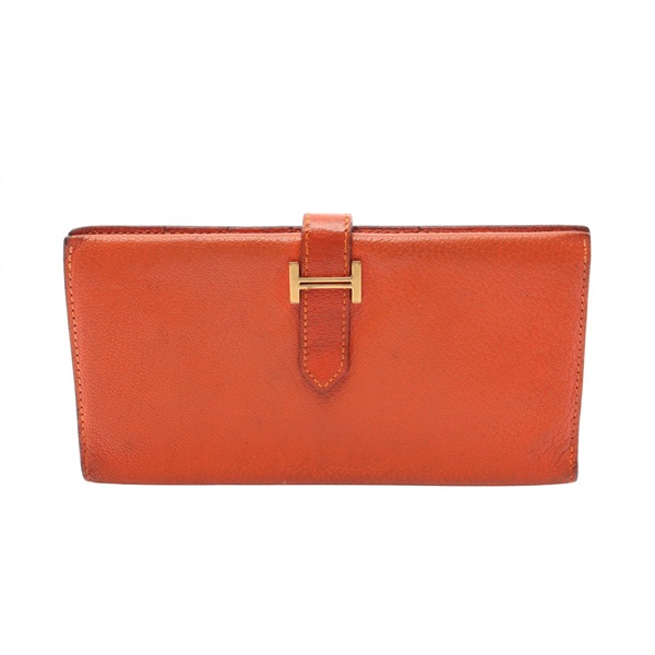 HERMES Bearn Soufflet Bifold Purse Wallet Chevre myzore goatskin Orange GHW Used
