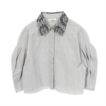 FENDI Striped lace voluminous sleeves blouse cotton Black White #44 Used Women
