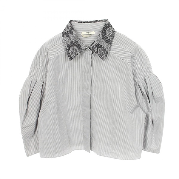 FENDI Striped lace voluminous sleeves blouse cotton Black White #44 Used Women