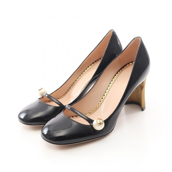 GUCCI GG logo Heeled Pumps Shoes #36 Patent leather Artificial pearl Black Women