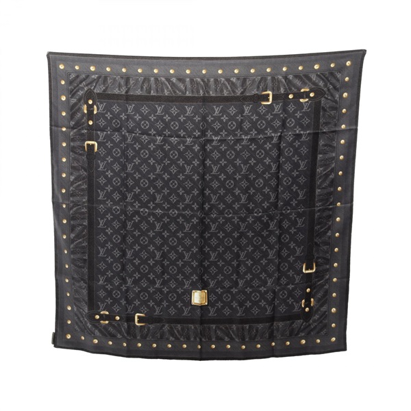 LOUIS VUITTON Carre New Denim Monogram Scarf echarpe silk Black Used Women