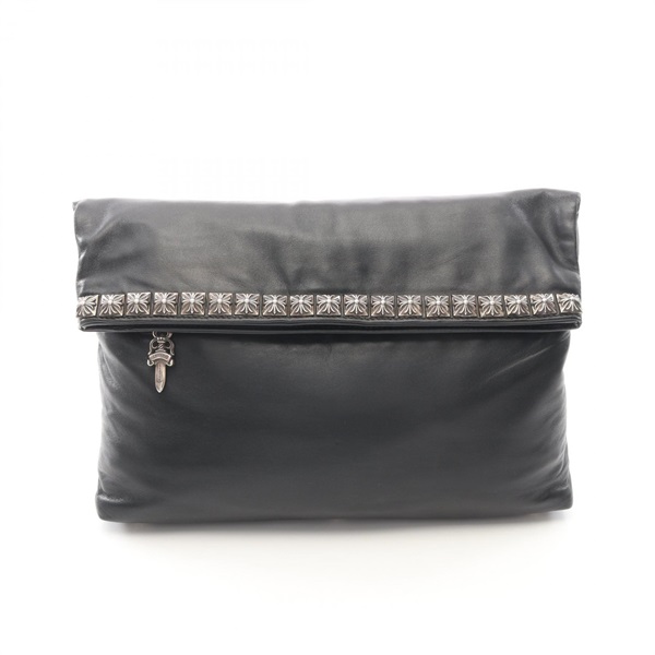 CHROME HEARTS Pyramid Studs Clutch Bag Pouch leather Black Used mens