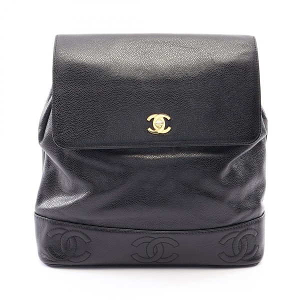 CHANEL Triple COCO Mark Backpack Calfskin Black Used Women CC Logo