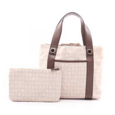 BVLGARI Logo Mania Tote Handbag canvas leather Beige Brown Purple Used Women