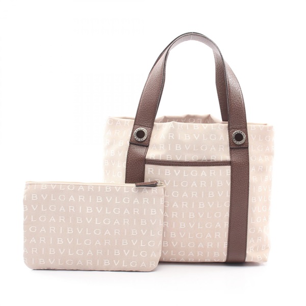 BVLGARI Logo Mania Tote Handbag canvas leather Beige Brown Purple Used Women
