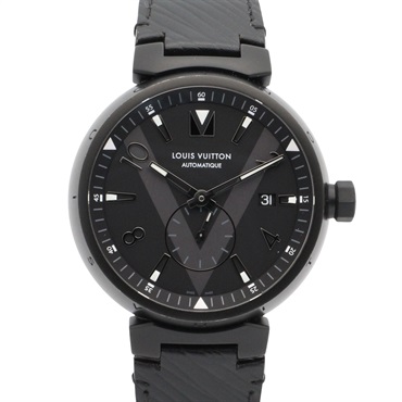 LOUIS VUITTON Tambour All Black Wrist Watch Q1D22 Automatic SS Leather Used mens
