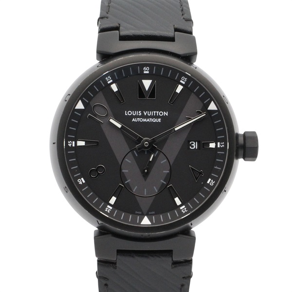 LOUIS VUITTON Tambour All Black Wrist Watch Q1D22 Automatic SS Leather Used mens