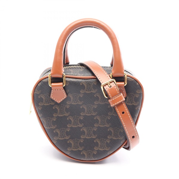 CELINE Triomphe Heart-shaped Shoulder Handbag Canvas leather Black Brown Used