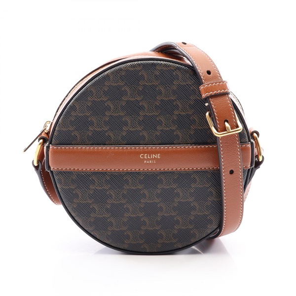 CELINE Round Purse Triomphe Shoulder Crossbody Bag canvas leather Black Used