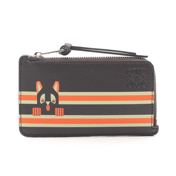 LOEWE Futurist Cat Coin Card Holder C643Z40XAA leather Brown Orange Preowned