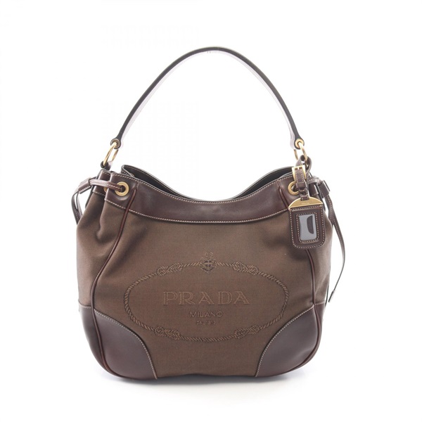 PRADA Logo Jacquard Shoulder Bag canvas leather Brown Used Women
