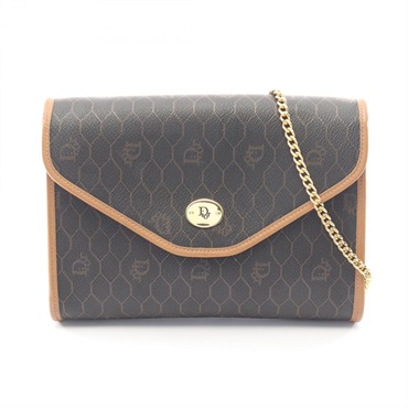 Christian Dior Honeycomb Chain Shoulder Bag canvas leather Black Brown Used