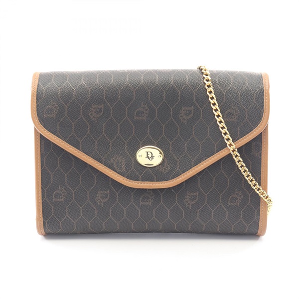 Christian Dior Honeycomb Chain Shoulder Bag canvas leather Black Brown Used