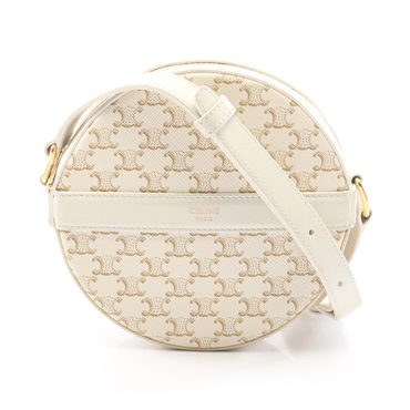 CELINE Round Triomphe Shoulder Crossbody Bag Coated canvas leather White Used
