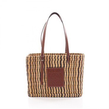 LOEWE square basket Handbag leather Raffia Beige Navy Used Women