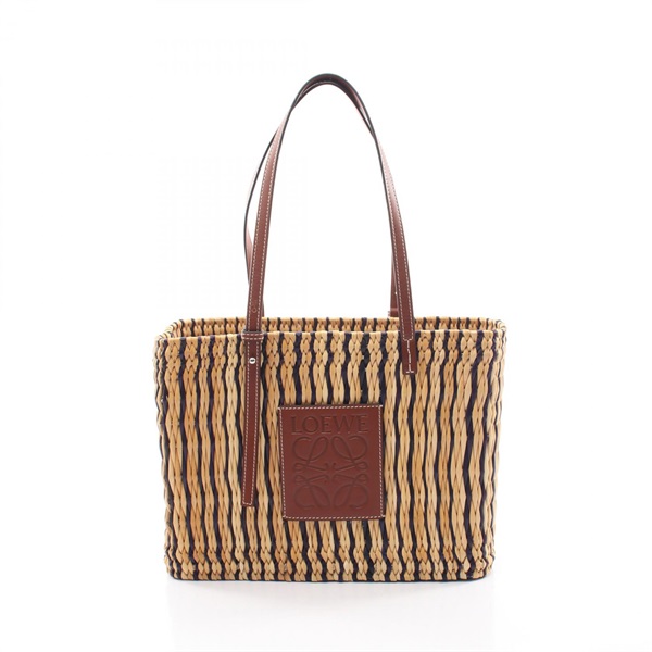 LOEWE square basket Handbag leather Raffia Beige Navy Used Women