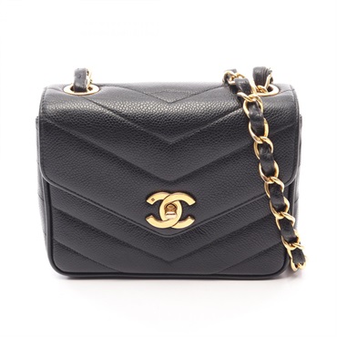 CHANEL Chevron V-Stitch Mini Chain Shoulder Bag Calfskin Black GHW Used Women