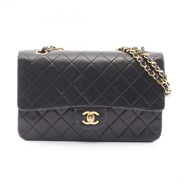 CHANEL Matelasse W flap Chain Shoulder Bag Lambskin sheep leather Black Used GHW