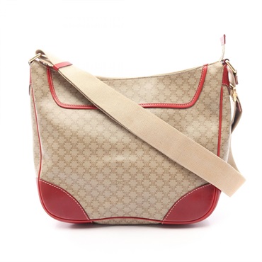 CELINE Macadam Crossbody Shoulder Bag canvas leather Beige Red Used Women