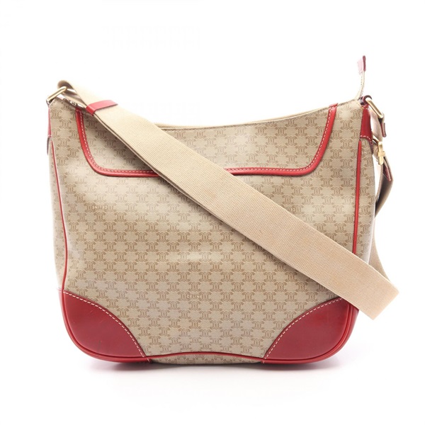 CELINE Macadam Crossbody Shoulder Bag canvas leather Beige Red Used Women