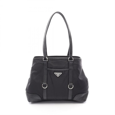PRADA Triangle logo Tote shoulder hand Bag Nylon leather Black Used Women