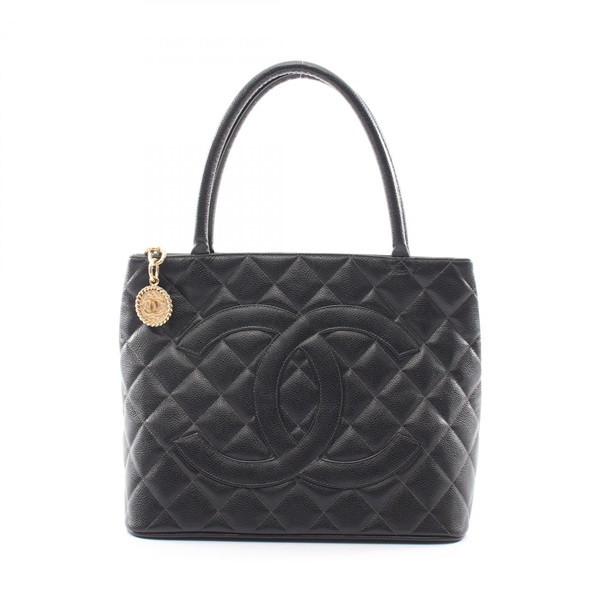 CHANEL Medallion tote hand Bag Grained Calfskin leather Black Used Women GHW