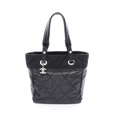 CHANEL Paris Biarritz PM Tote Shoulder Handbag A34208 canvas leather Black Used