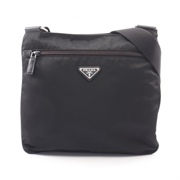 PRADA Triangle logo Shoulder Bag Nylon Saffiano leather Black Used Women